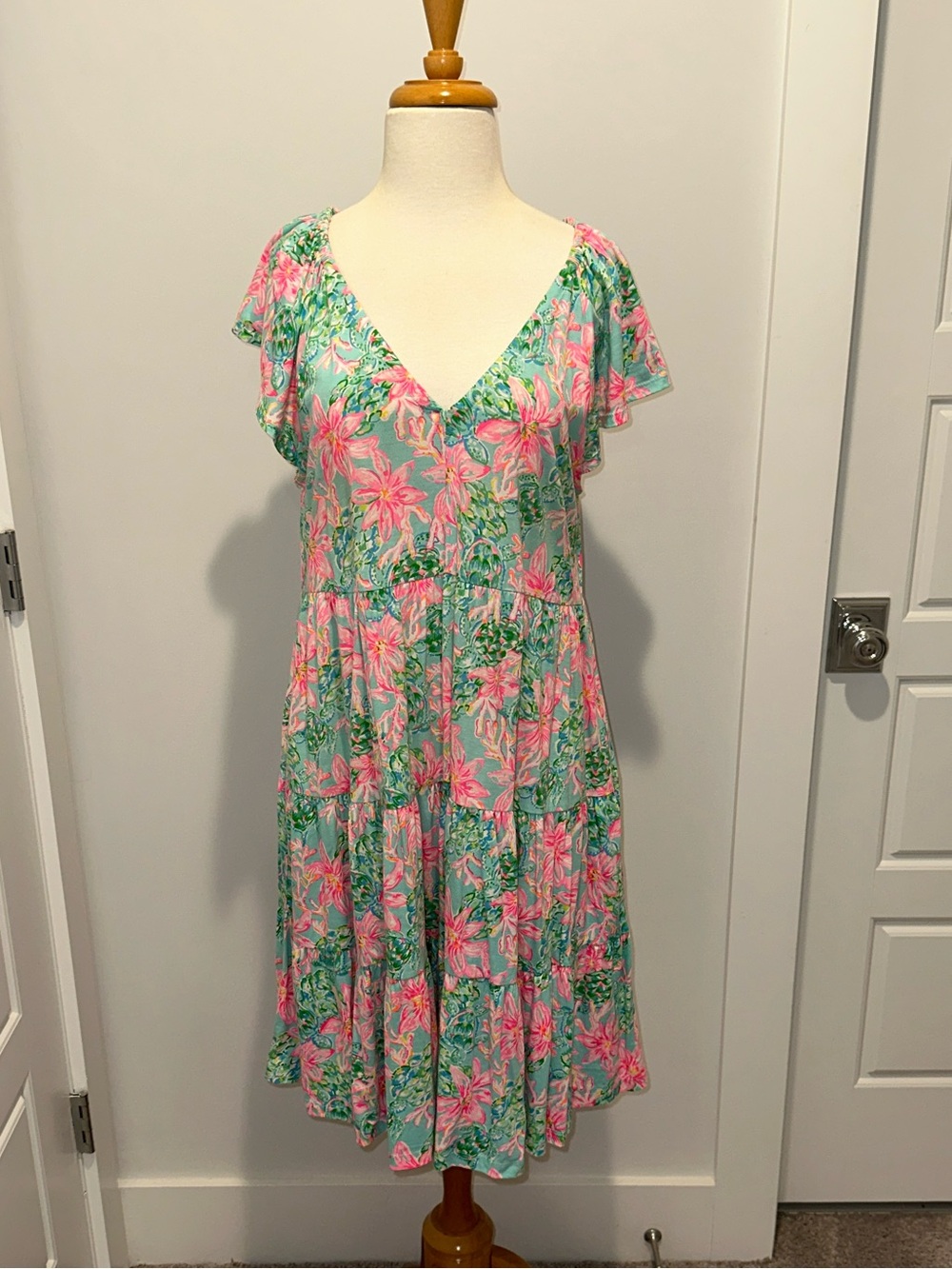 Lilly Pulitzer Kawai Floral V-Neck Flutter Sleeve Dress Size Large